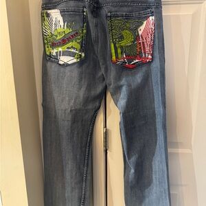 Pepe Men's Blue Denim Jeans with Embroidered Graphic Back Pockets skater size 36